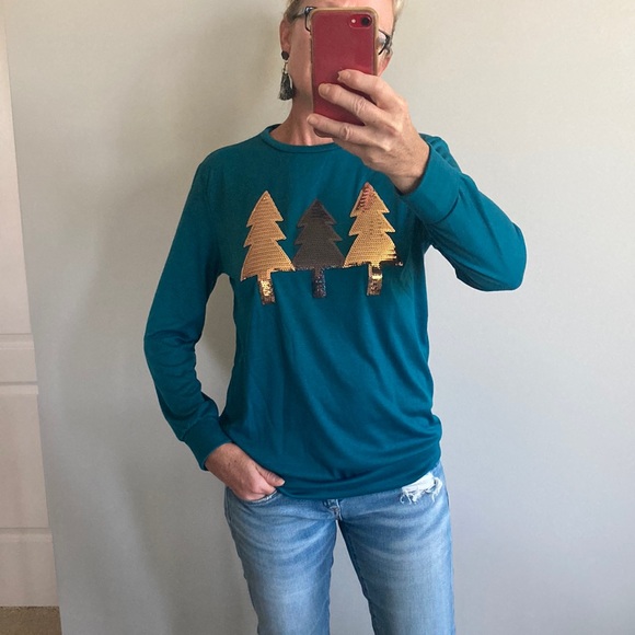Sequin Pine Tree, Long Sleeve Top - Picture 2 of 8